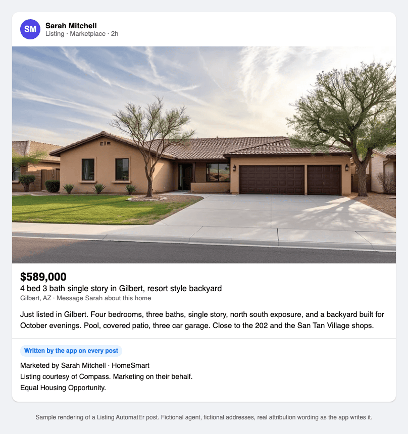 Sample rendering of a Listing AutomatEr post: a home photo, price, description, then the lines Marketed by Sarah Mitchell, HomeSmart. Listing courtesy of Compass. Marketing on their behalf. Equal Housing Opportunity.